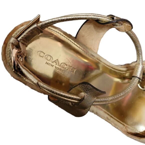 COACH LEAH Wedge Platform Open Toe Gold Tan Monogram High Heel Sandal 8.5 - Picture 7 of 11